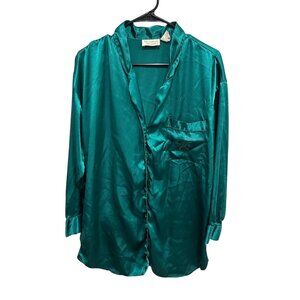 Victorias Secret Teal Satin Embroidered Pocket Polyester Pajama Top Size M Cozy